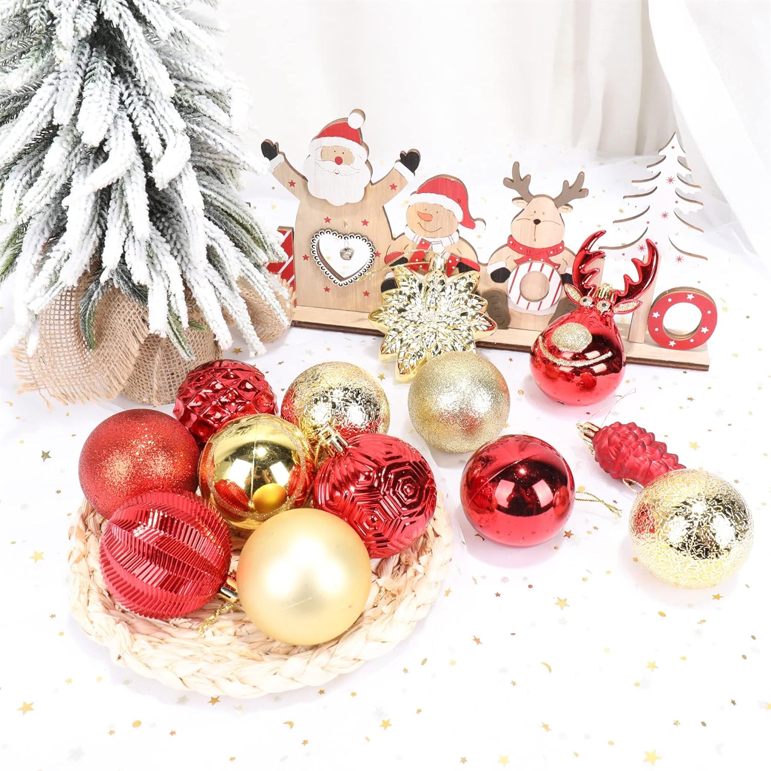 100-Pack Various Shatterproof Christmas Balls, Christmas Decorative Ball Ornaments for Xmas Tree- Red & Gold-0601968802547