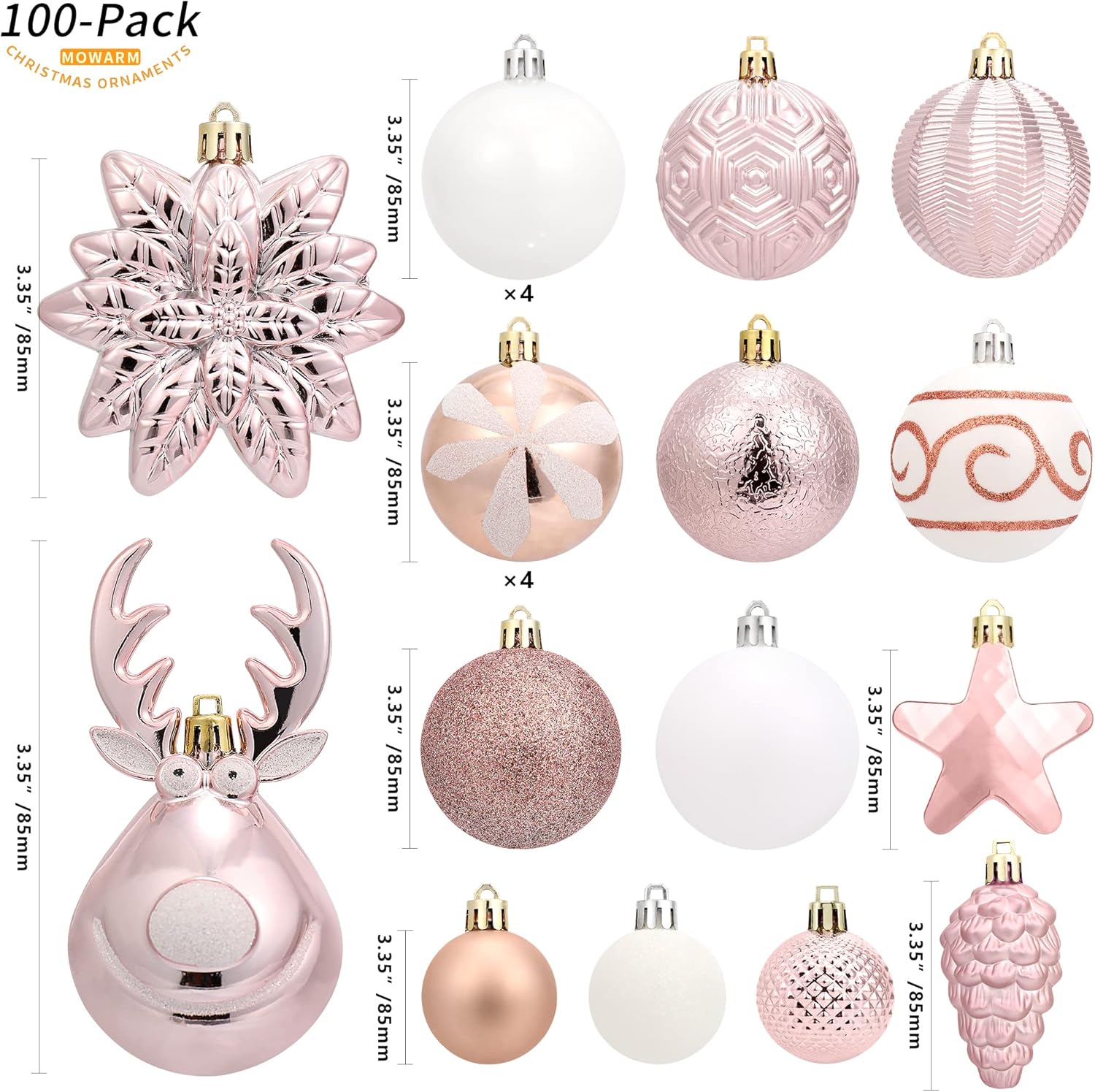 100-Pack Various Shatterproof Christmas Balls, Christmas Decorative Ball Ornaments for Xmas Tree- Rose Gold-601968802530