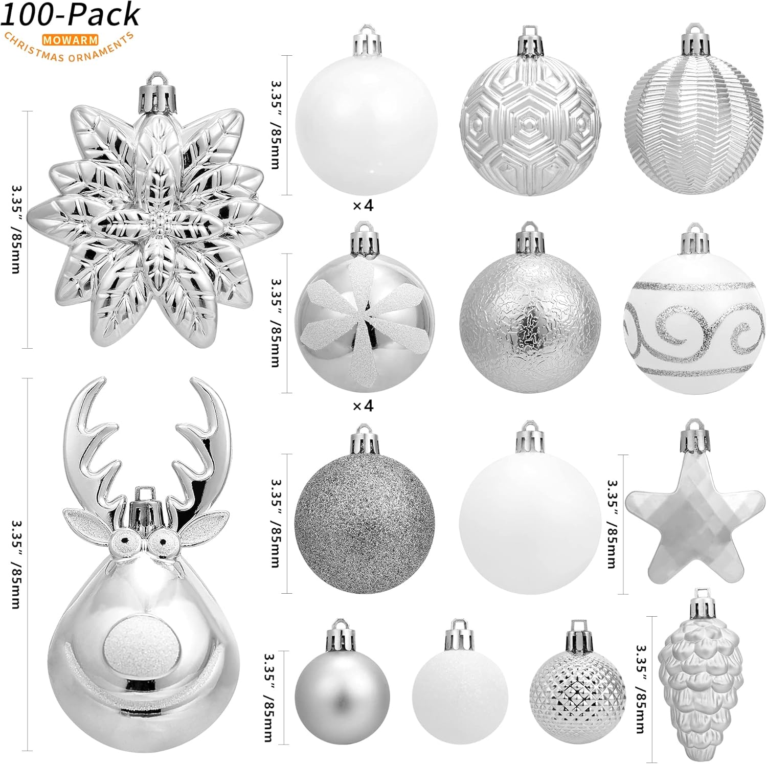 100 Pack Christmas Ball Ornaments,Silver and White Plastic Christmas Balls Shatterproof Christmas Tree Decorations in Indoor,Holiday Xmas Tree Decor Hanging Baubles Balls-601968800574