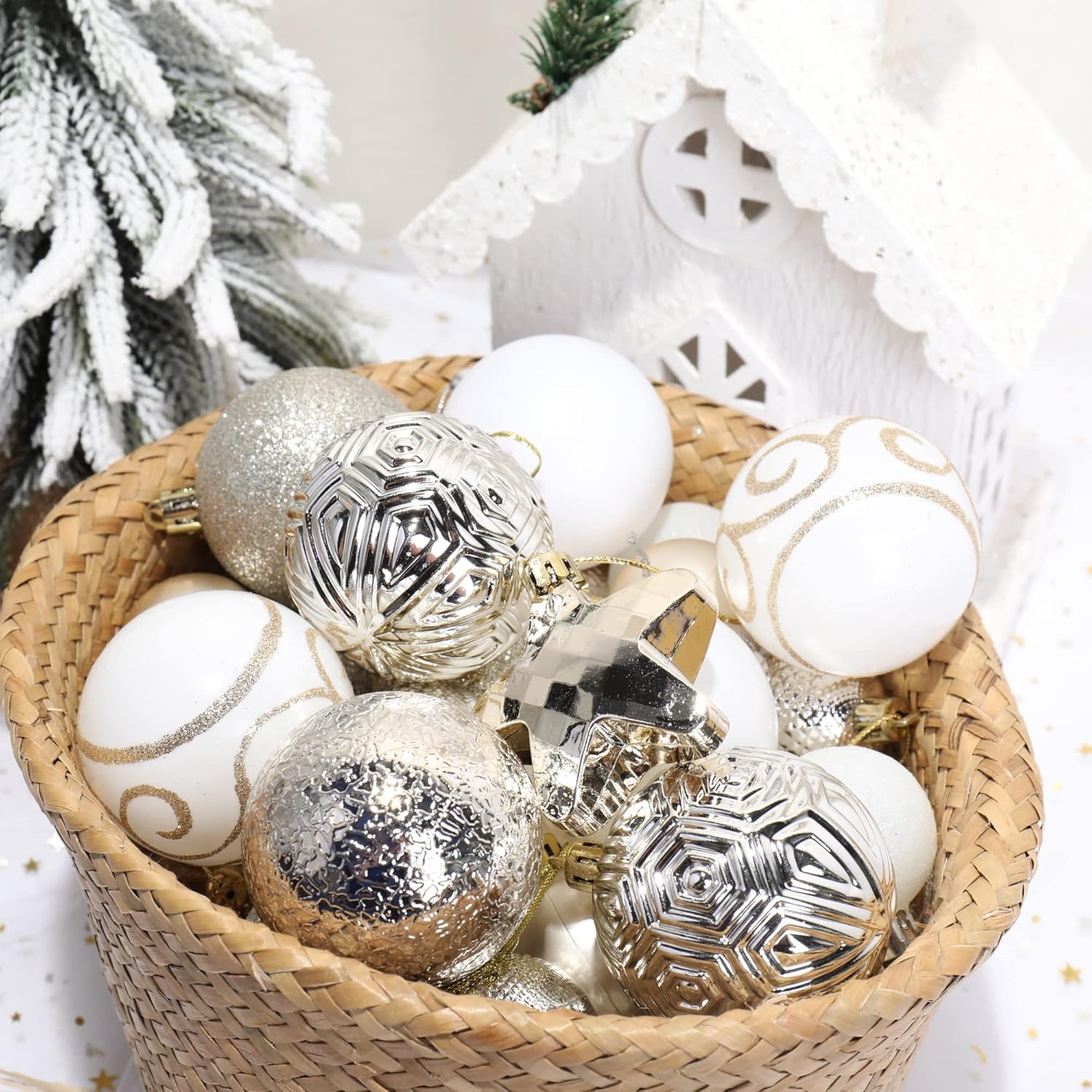 100-Pack Various Shatterproof Christmas Balls, Christmas Decorative Ball Ornaments for Xmas Tree- Champagne Gold-643459441231