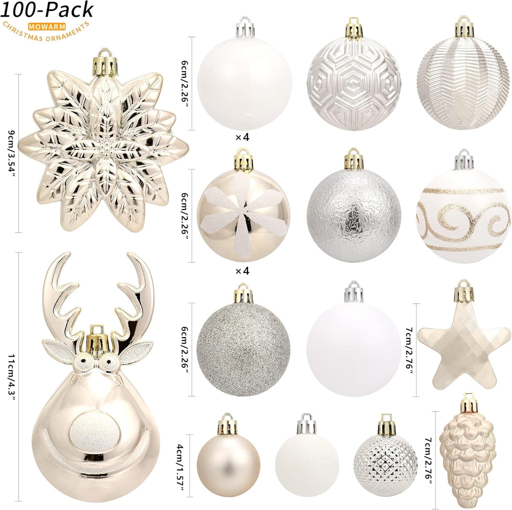 100-Pack Various Shatterproof Christmas Balls, Christmas Decorative Ball Ornaments for Xmas Tree- Champagne Gold-643459441231