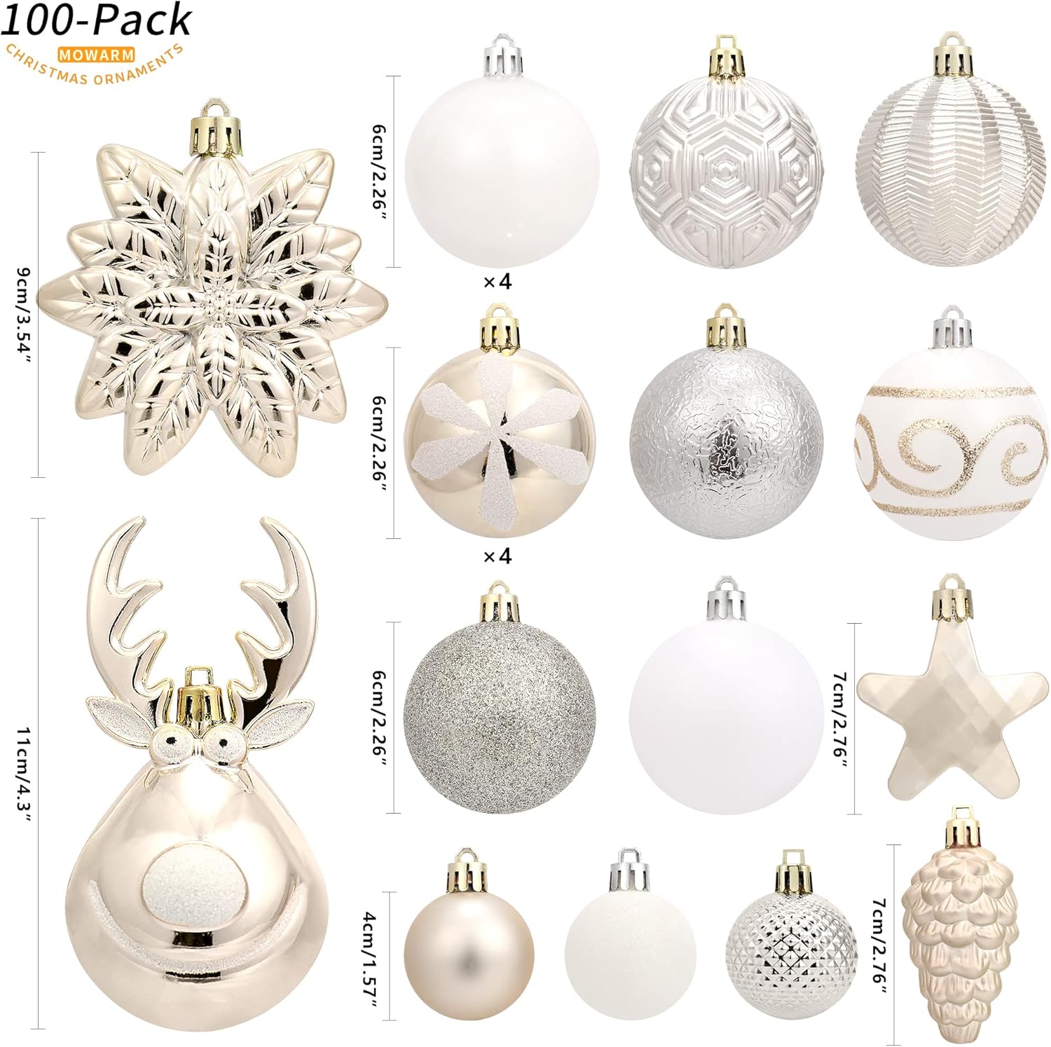 100-Pack Various Shatterproof Christmas Balls, Christmas Decorative Ball Ornaments for Xmas Tree- Champagne Gold-643459441231