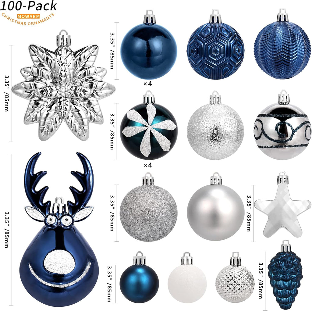 100 Pack Christmas Ball Ornaments,Navy Blue and White Plastic Christmas Balls Shatterproof Christmas Tree Decorations in Indoor,Holiday Xmas Tree Decor Hanging Baubles Balls-601968800604