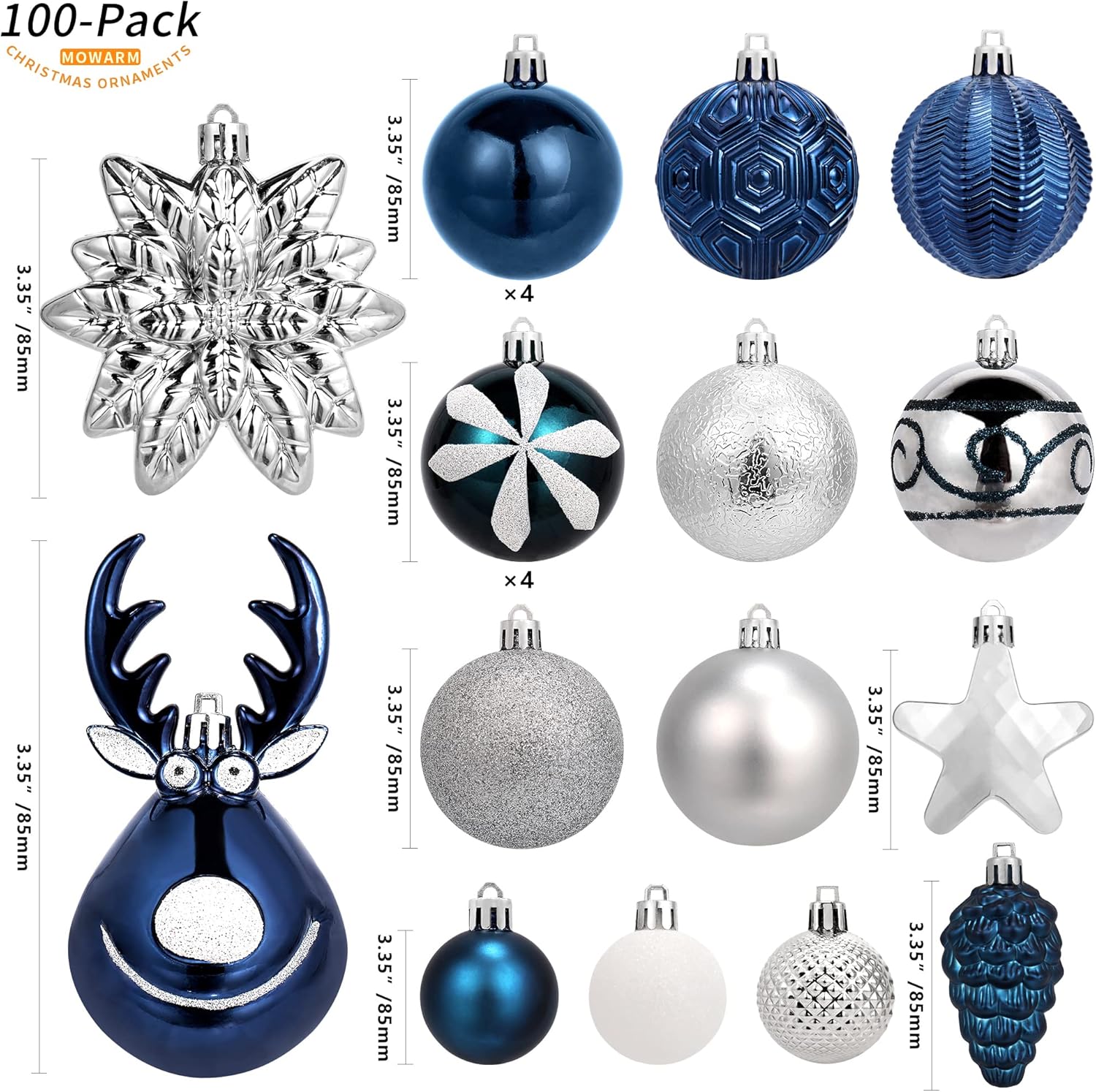 100 Pack Christmas Ball Ornaments,Navy Blue and White Plastic Christmas Balls Shatterproof Christmas Tree Decorations in Indoor,Holiday Xmas Tree Decor Hanging Baubles Balls-601968800604