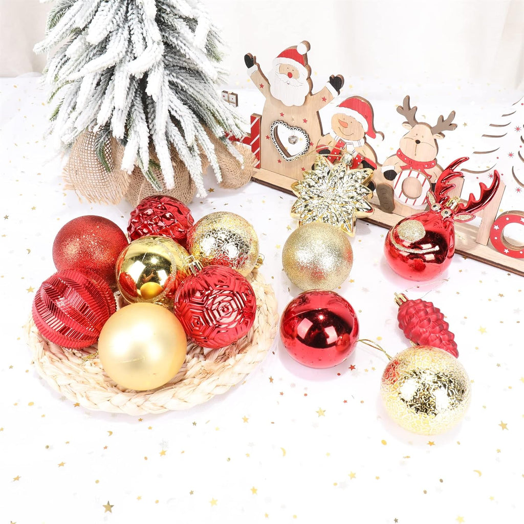 100-Pack Various Shatterproof Christmas Balls, Christmas Decorative Ball Ornaments for Xmas Tree- Red & Gold-0601968802547