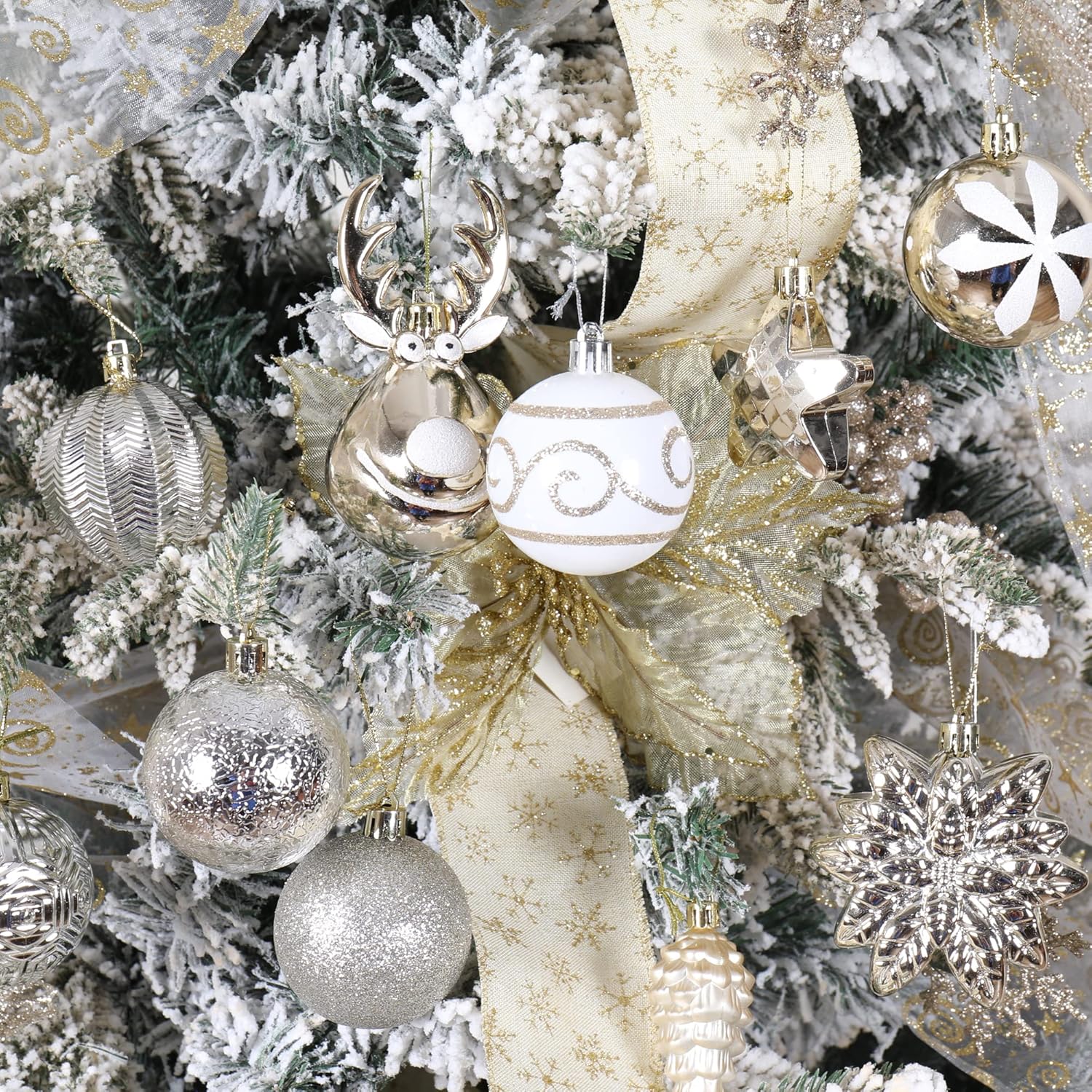 100-Pack Various Shatterproof Christmas Balls, Christmas Decorative Ball Ornaments for Xmas Tree- Champagne Gold-643459441231