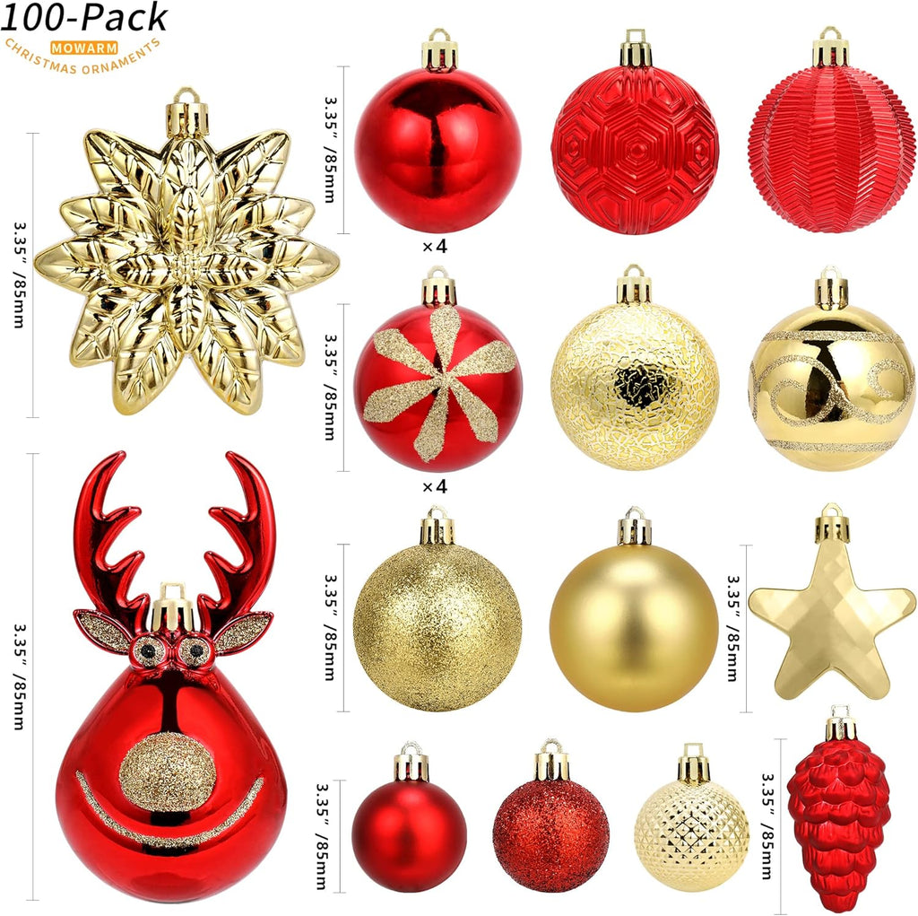 100-Pack Various Shatterproof Christmas Balls, Christmas Decorative Ball Ornaments for Xmas Tree- Red & Gold-0601968802547