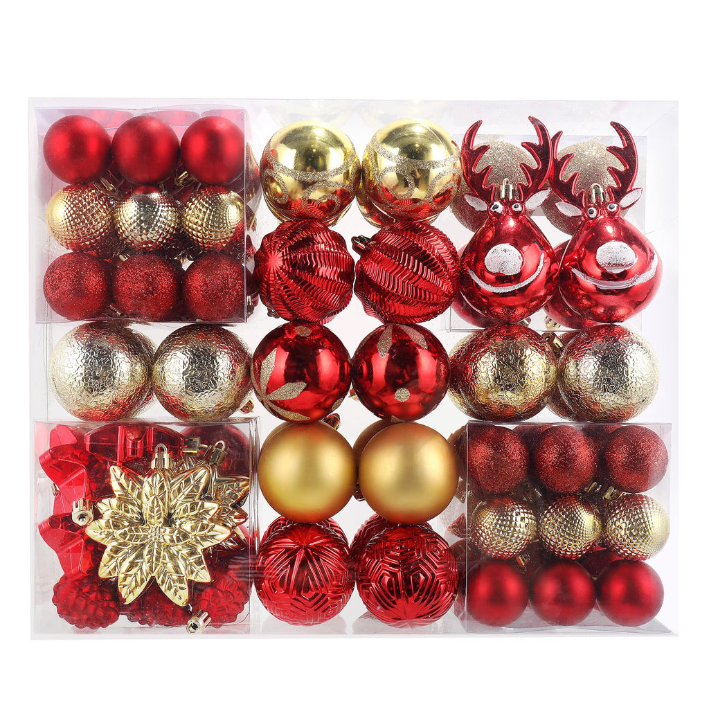 100-Pack Various Shatterproof Christmas Balls, Christmas Decorative Ball Ornaments for Xmas Tree- Red & Gold-0601968802547
